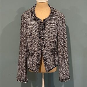 White House Black Market Metallic Tweed Fringe Open Front Blazer Large Boucle